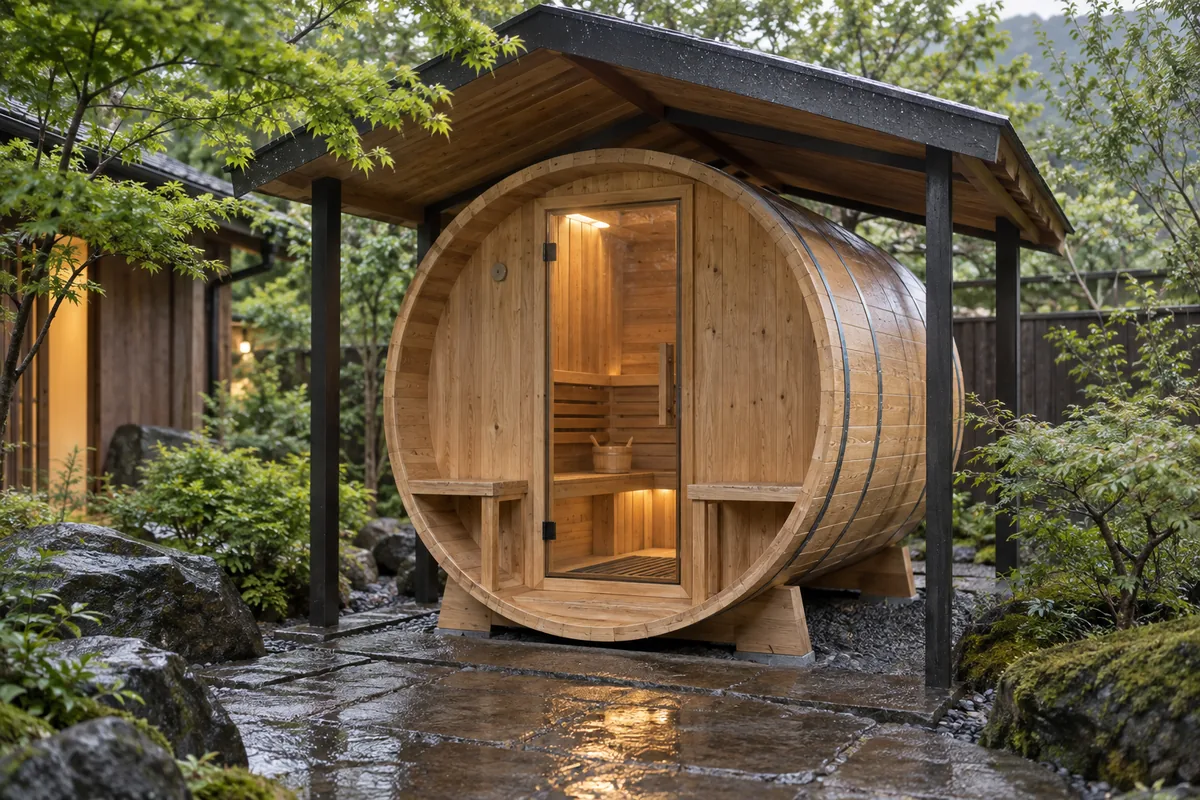 雨上がりの庭にある屋根付きバレルサウナ