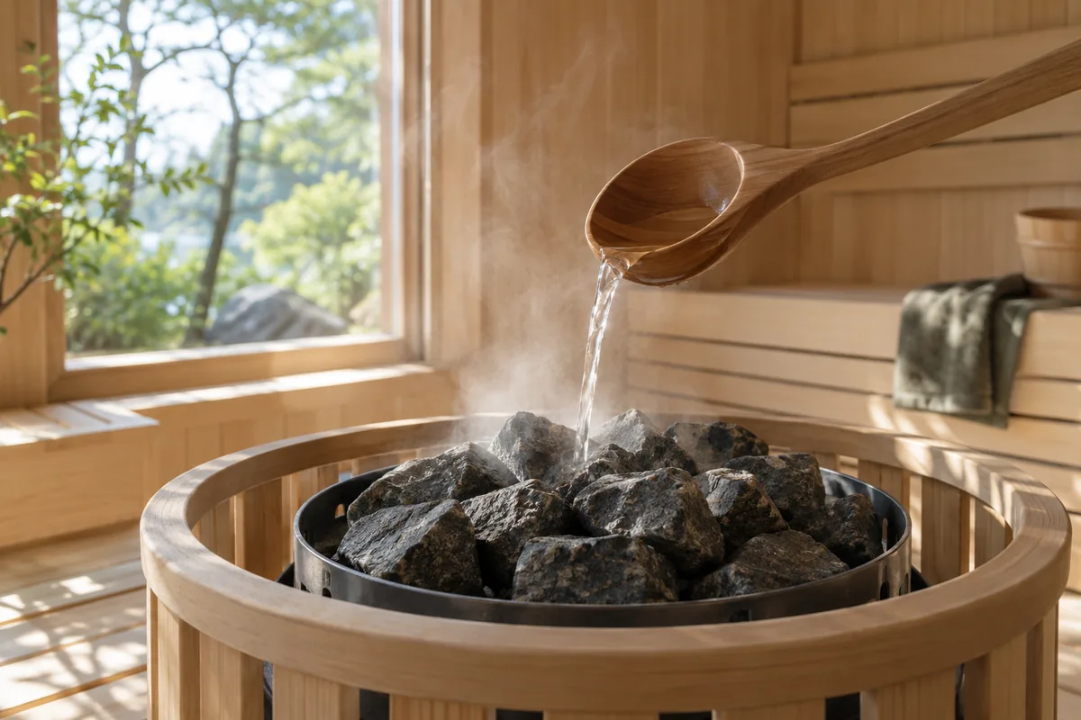 サウナストーンに水をかける木製のひしゃく