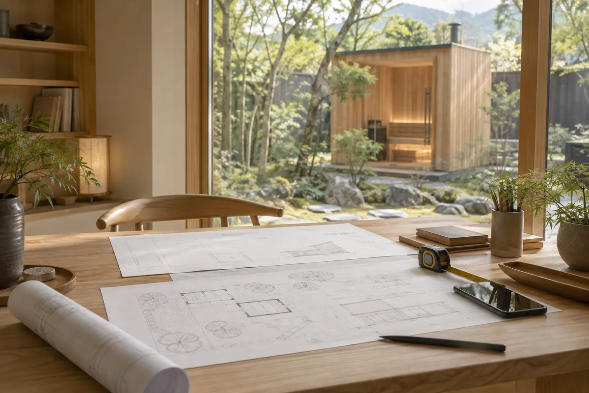サウナの設置計画に使う図面とメジャー
