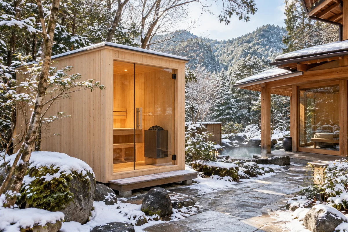 冬の森と別荘のそばに設けられた木製サウナ